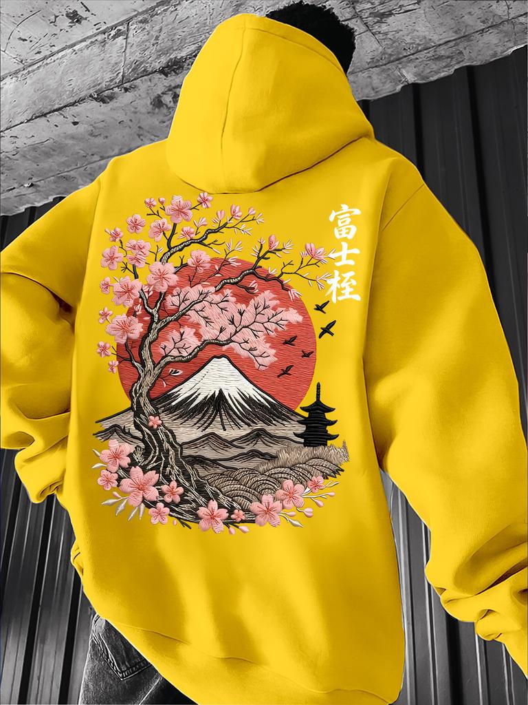 Cherry Blossom and Mount Fuji Print Autumn/Winter Warm Japanese Style Hooded Sweatshirt for Men - Trendy Casual
