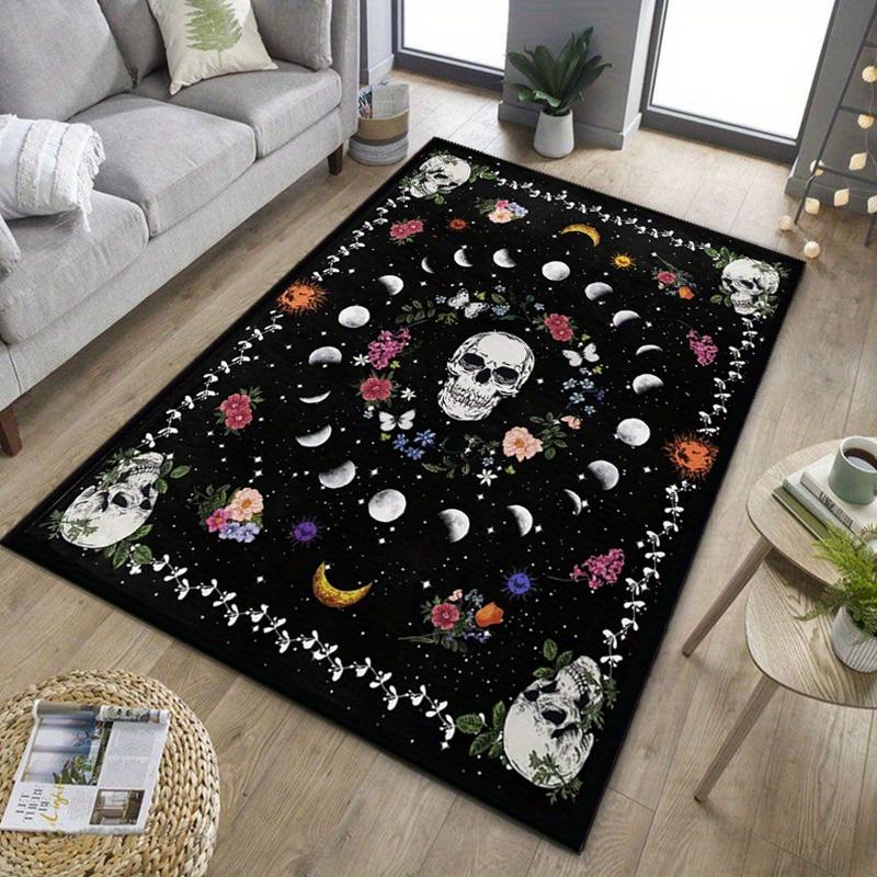 Vintage Skull Moon Phase Floor Mat Non Slip Machine Washable Crystal Velvet Floral Celestial Design Carpet