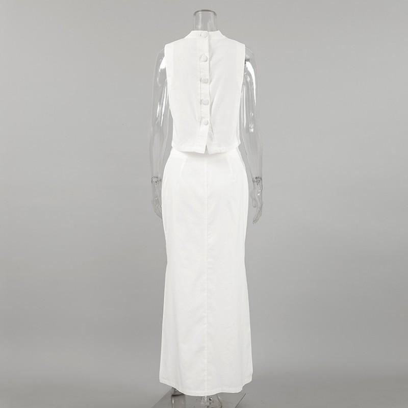 Womens 2025 Casual 2-Piece White Linen Cotton Maxi Dress Set Sleeveless Solid Color