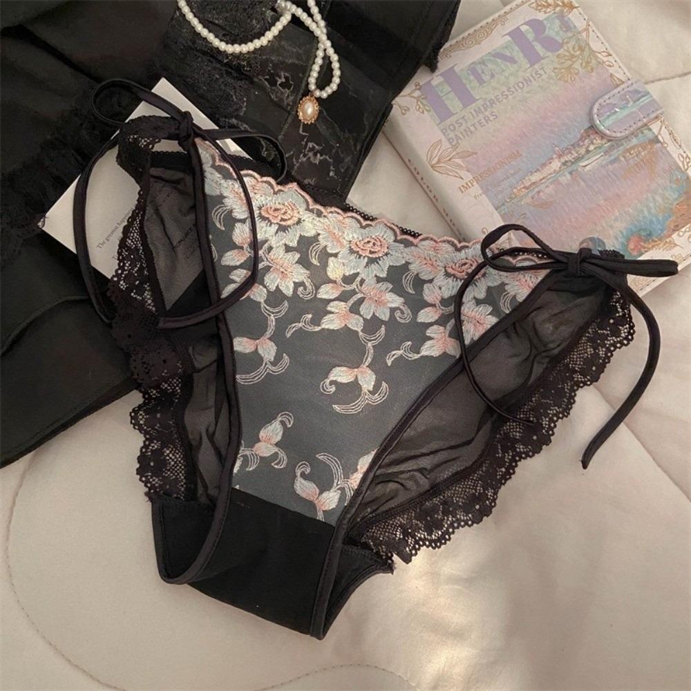Fashion Low Waist Embroidery Flower Panties Transparent Cotton Crotch Underwear for Women Sweet Mesh Lace Briefs Lady