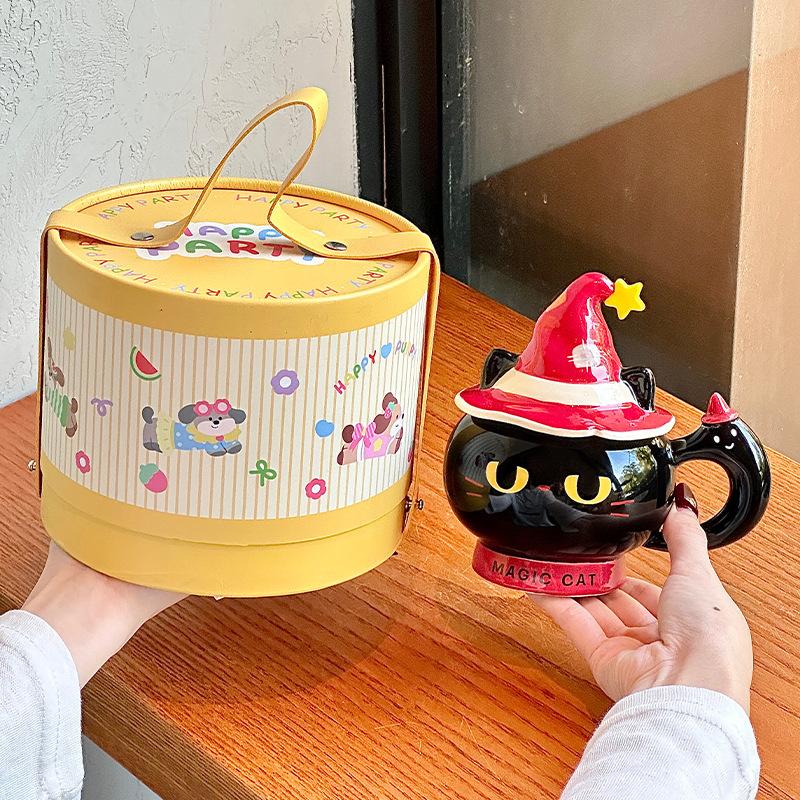 Creative Halloween gift magic hat cat ceramic mug with lid for girls practical mug souvenir gift box