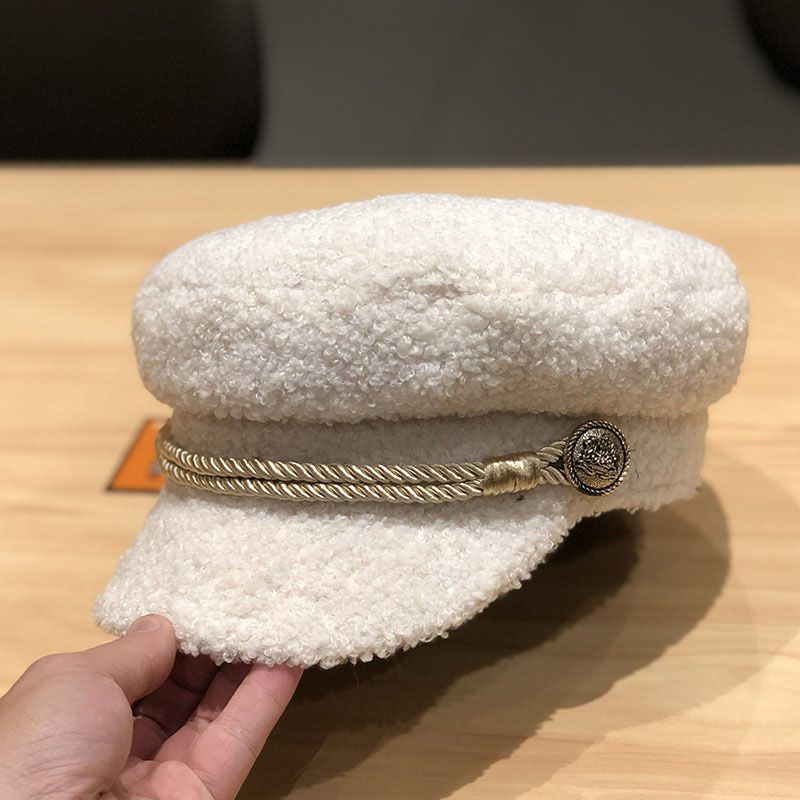 Autumn and Winter Lamb Wool Thickened Warm Flat Top Cap Painter Hat Women's Octagonal Hat