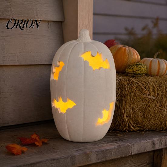 Autumn Festival Decor Halloween Pumpkin Resin Figurine, Bat Hollow Out Lantern with Indoor Outdoor Holiday Props Warm Light, Spooky Home Table