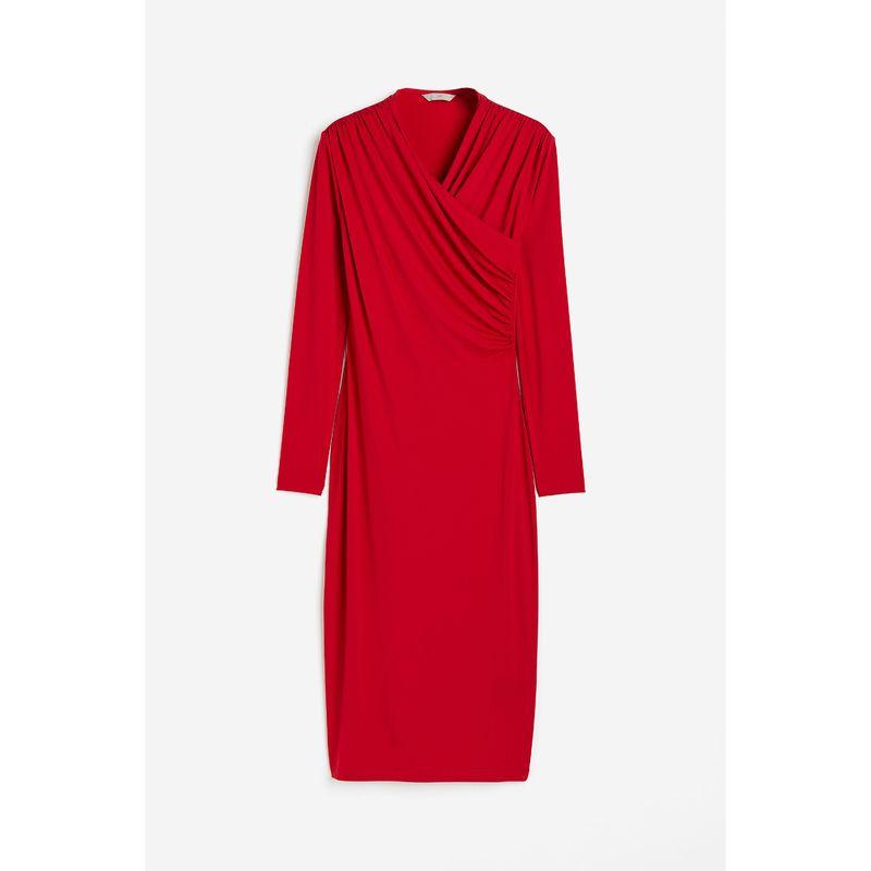 

HM Red for Women Dress Autumn Stretch Silm Long Sleeves V-neck Soft Pendant Formal Mid-Length Dress 126 Red 155/80A