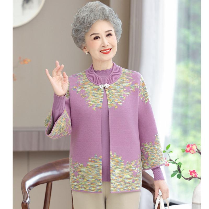 Middle-aged and old women's cardigan two-piece mother's sweater set women's knitted bottoming shirt top mother-in-law dress