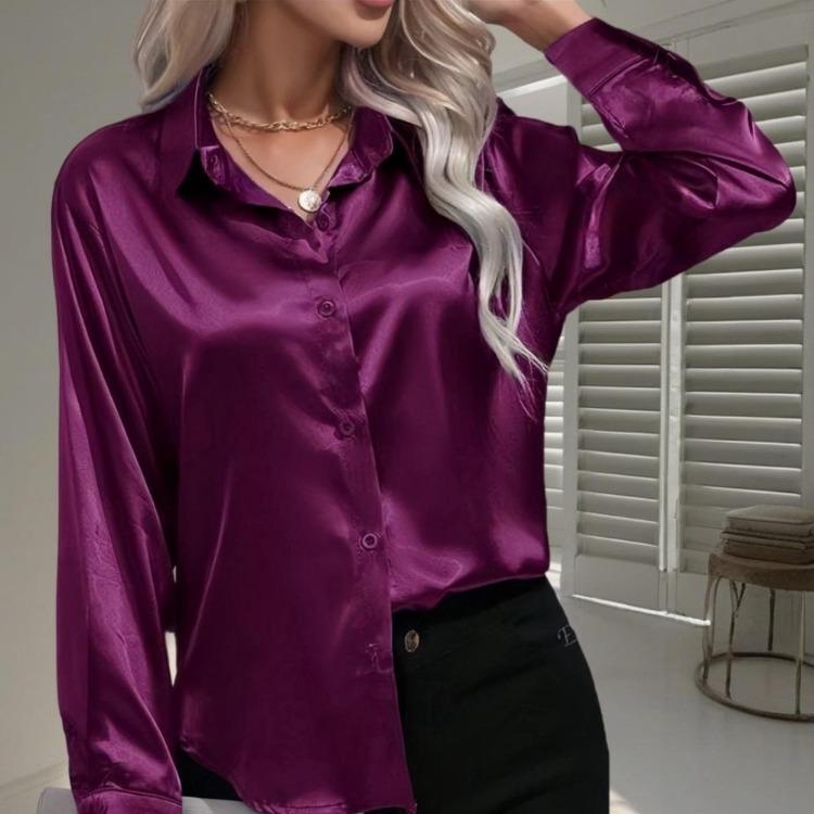 Elegant Satin Long Sleeve Blouse Women Summer Spring Casual Shirt Faux Silk Tops Single Breasted Basic Shirts