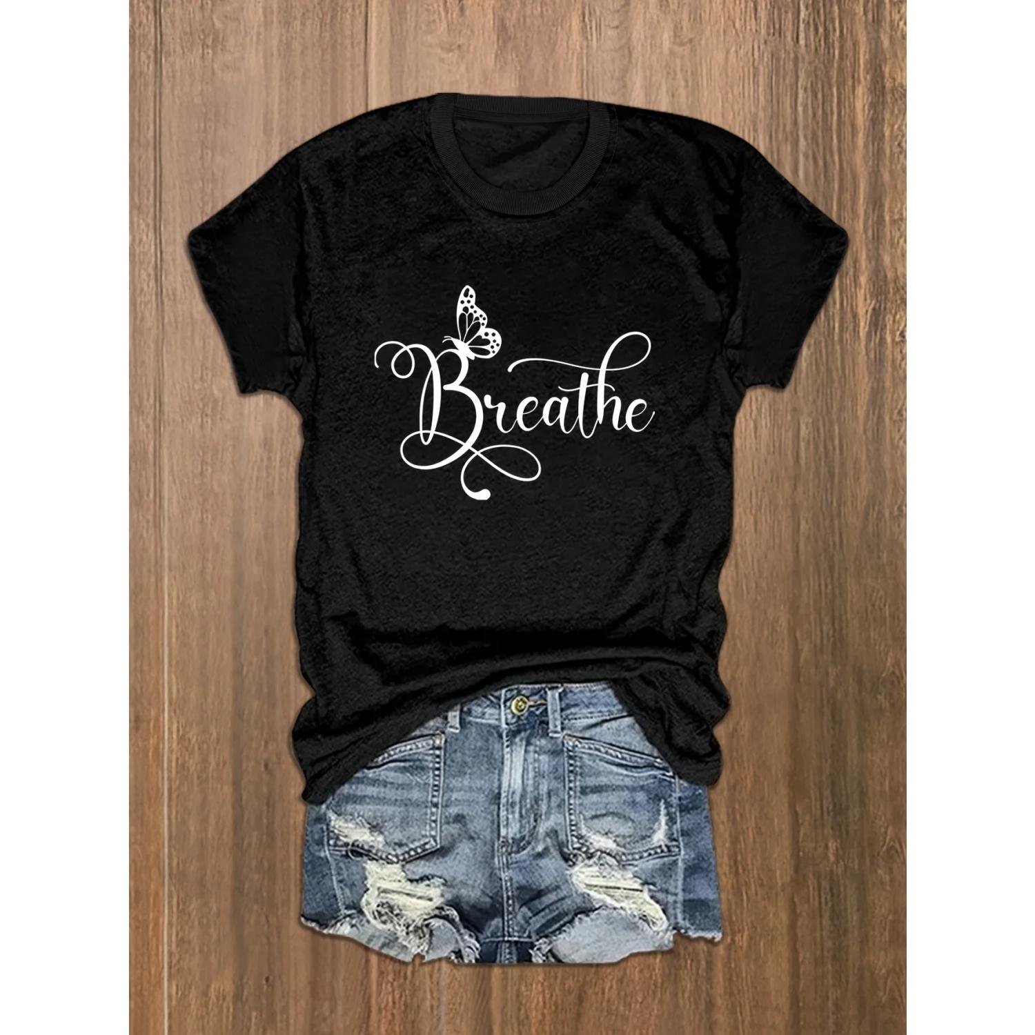 Plus Size Casual T-shirt, Women s Plus Butterfly & Letter Print Short Sleeve Round Neck T-shirt S чёрный
