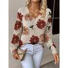 Women's Floral V Neck Knit Sweater, Long Sleeve Boho Pattern Casual Pullover