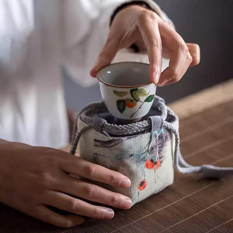 Vintage Persimmon Tea Cup Cloth Storage Bag, Portable Printing, Travel Kung Fu Tea Cozies Hand Bags, Tea Ceremony Accessories
