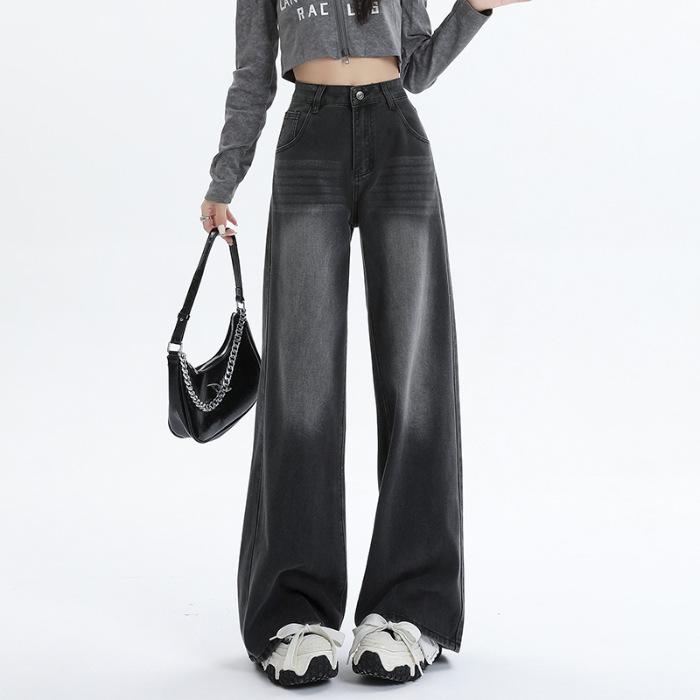 Washed Black and Gray High-waisted Wide-leg Denim Women's American High Street Loose-fitting Floor-mopping Straight-leg Pants