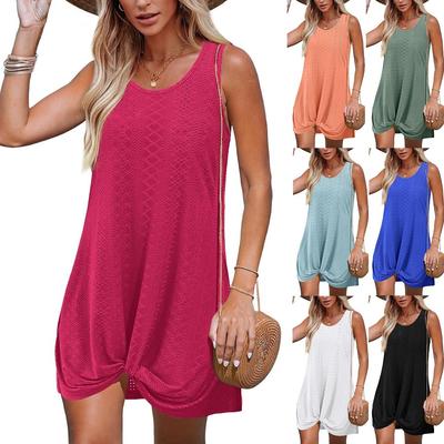 Women Summer Sleeveless Casual Knot Hollow Solid Color / Printed Holiday Beach One Piece Dress