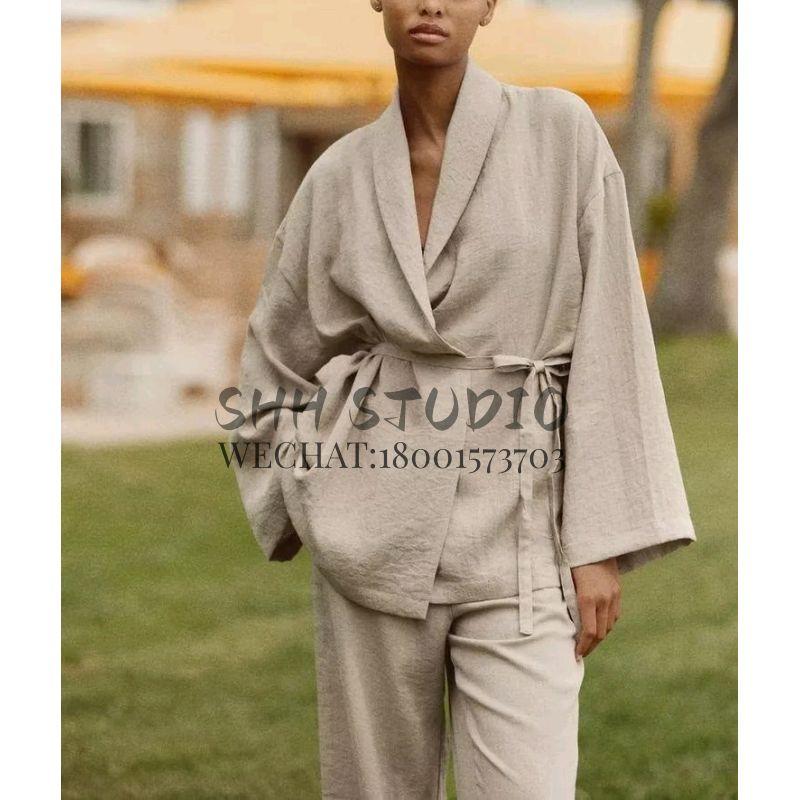 Spring New Arrival with Belt Texture Kimono Outerwear 8338735 Pajamas Style Pants 4391436