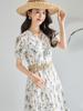 Spring/Summer Floral V-neck A-line Long Dress, 100% Cotton, Puff Sleeves, Women's Waist-cinching Design