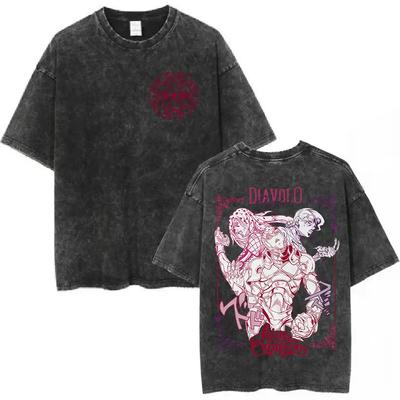 Anime Jojo Bizarre Adventure Vintage Washed T-Shirt Killer Queen Graphic T Shirts Men Women Cotton Short Sleeves T-shirts