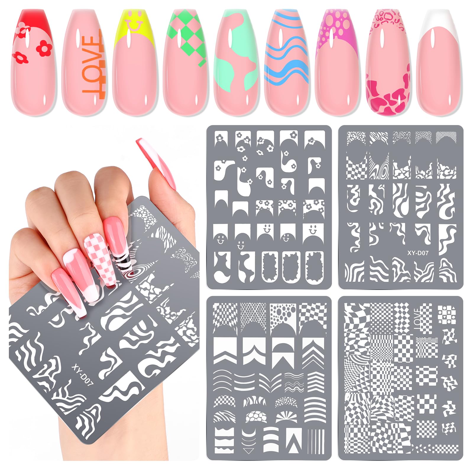 

Saviland Nail Art Stamper 4Pcs French Nail Stamping Plate French Line Nail Stamp Template Plaid Wave Stripe Pattern Nail Stencil Plate Reusable