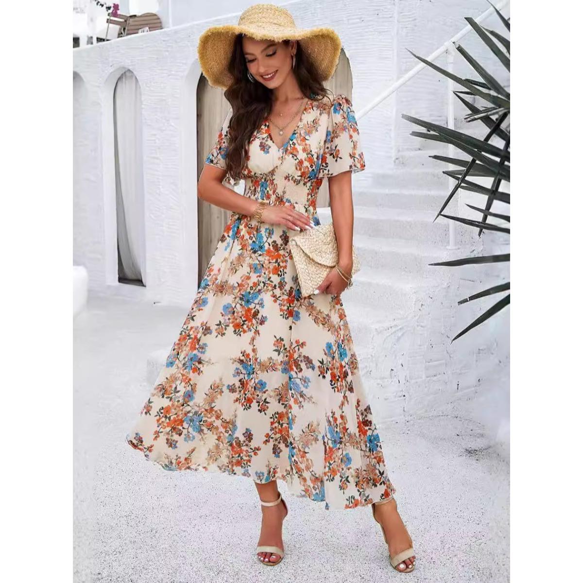 Women s Floral Maxi Dress, V-Neck Short Sleeve High Waist Summer Dress, Boho Flowy Smocked Long Dress S абрикосовый