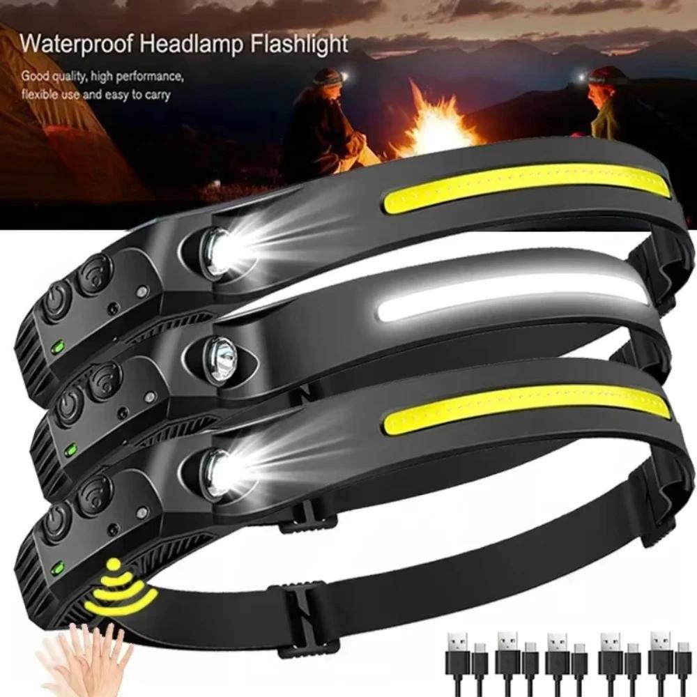 Lampă frontală LED cu inducție, reîncărcabilă USB, lanternă frontală puternică cu baterie încorporată, torță frontală pentru exterior, camping, pescuit, lanternă