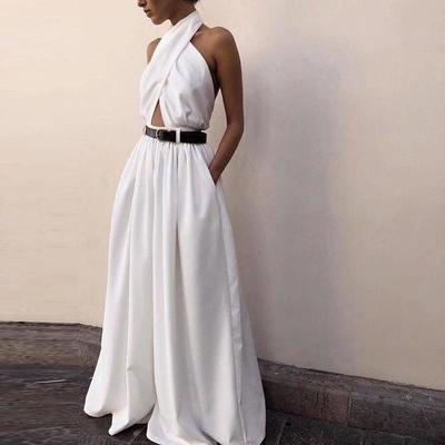 Nouvelle mode femme blanc licou combinaison licou jambe large pantalon Sexy sans manches licou licou combinaison pantalon