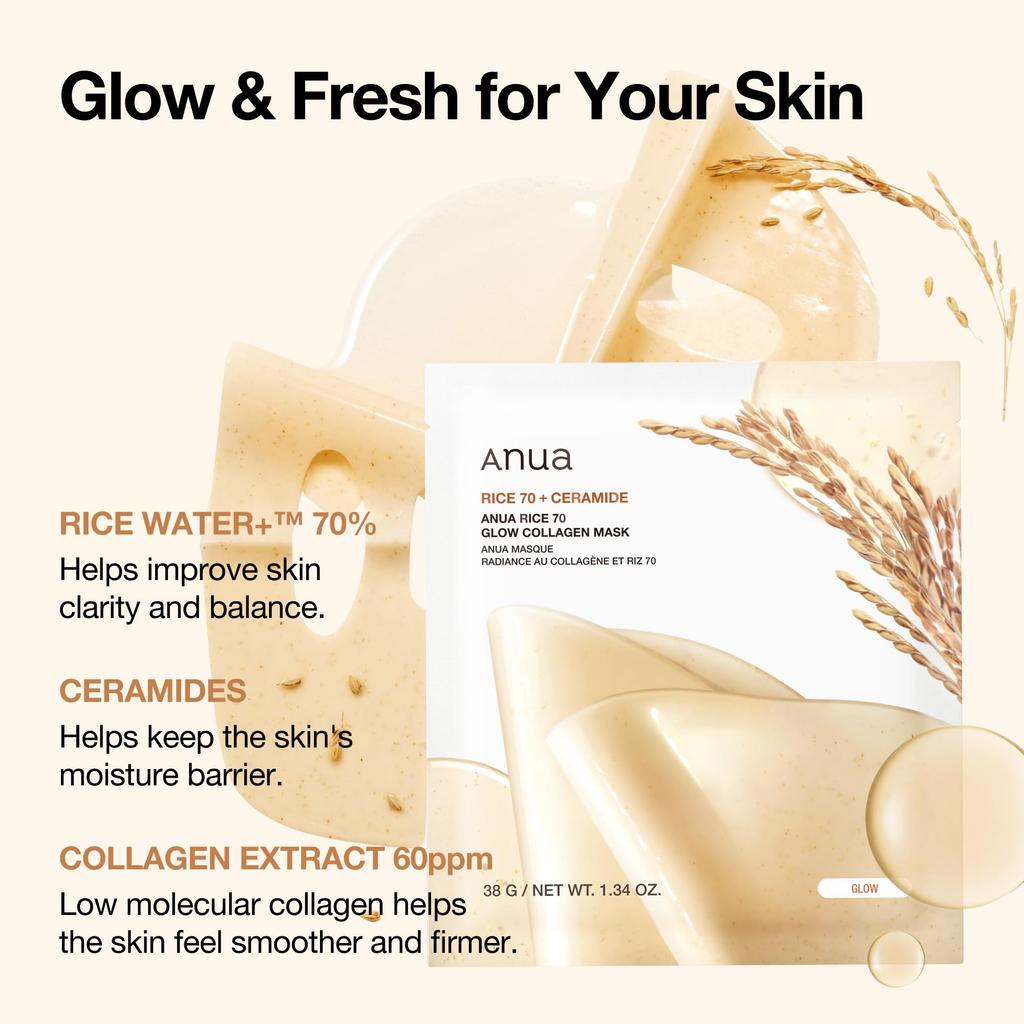 ANUA Rice 70 Glow Collagen Face Mask Moisturizing and Nourishing for Radiant Perfect for Dry and Combination This Rice Collagen Mask Pack Is a