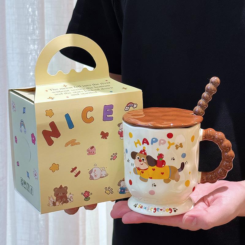 Dachshund Dog Ceramic Mug with Lid Spoon High Looking Office Household Drinking Water Couple Water Cup Girl Birthday Gift