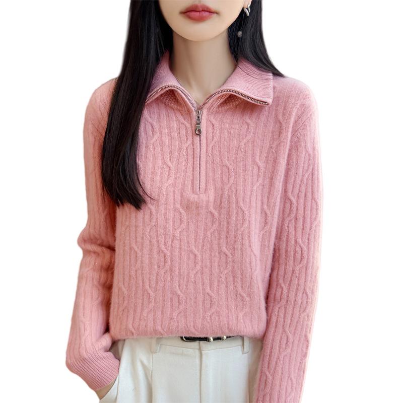 2026 Autumn/Winter Women's Pure Wool Cable Knit Half-Zip Lapel Sweater