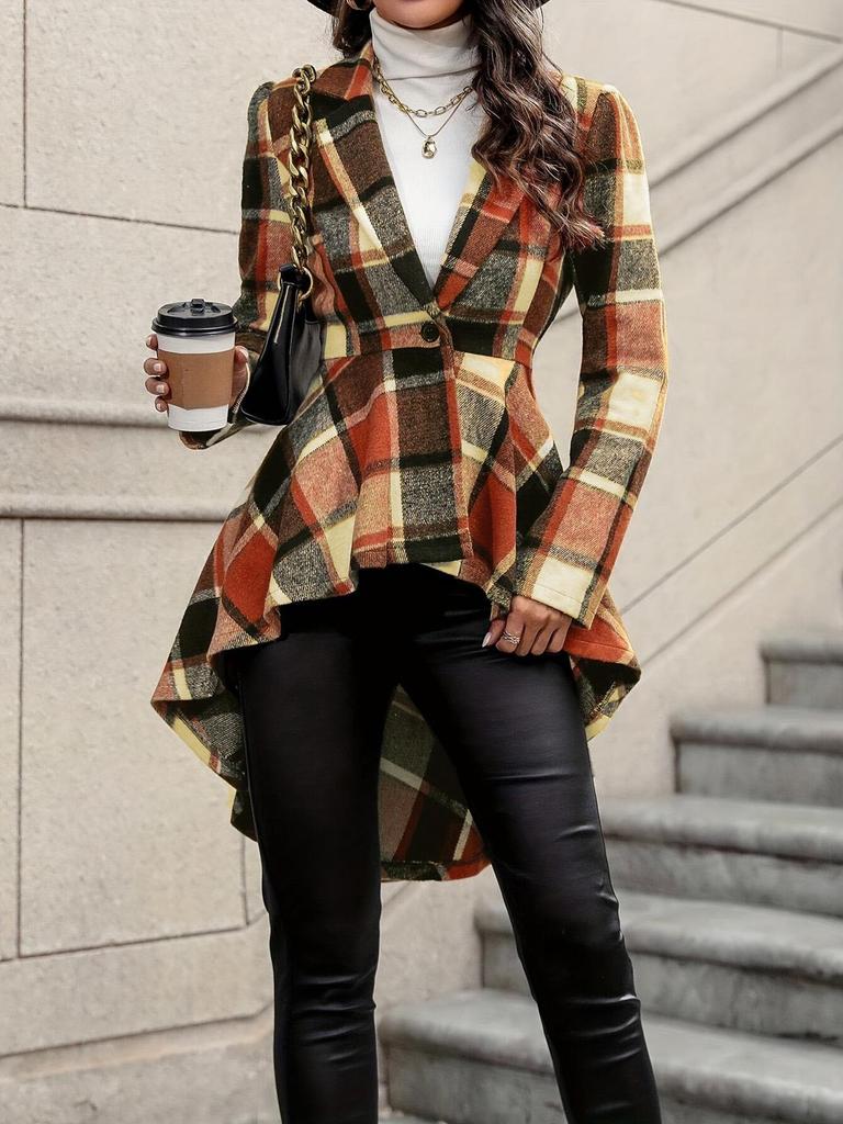 Elegant High-Low Plaid Button-Front Jacket with Flare Sleeves (2025)