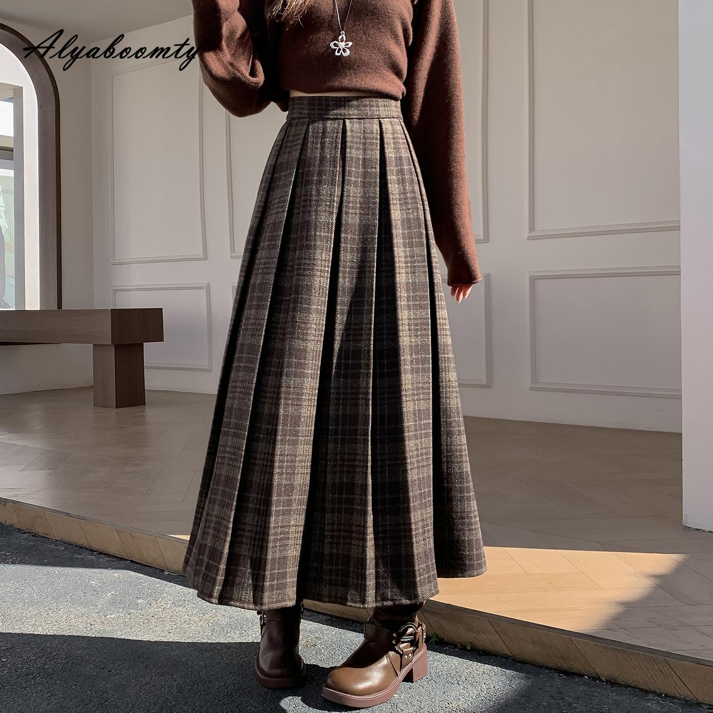 

Японский стиль преппи Осень Зима Женская плиссированная юбка Эластичная талия Коричневая Серая Клетчатая Шерстяная юбка Винтажная Теплая Шерстяная Юбка Миди Женская One Size коричневый