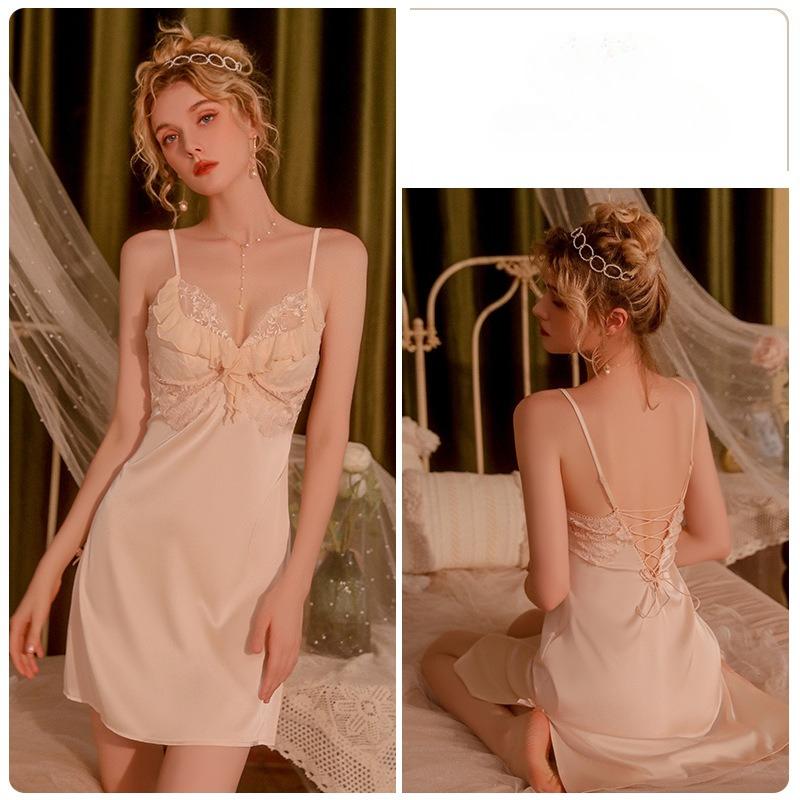 

Women’s Sweet Backless Sleep Dress Sexy Lace Lingerie Solid Color Padded Lace Up Back Nightdress L рожевий