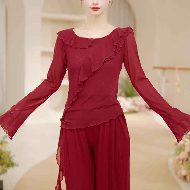 

New Dance Clothes Women Modern Adult TopsDaily Dancing New Round Neck Long-sleeved Versatile Pullovers L красный