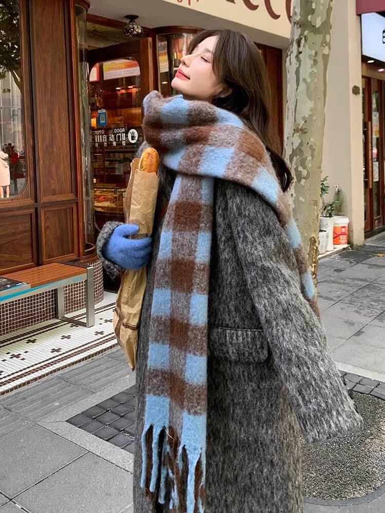 Náladový Nadměrný Korejský Francouzský Hepburn Styl Šedý Dlouhý Vlněný Streetwear Kabát