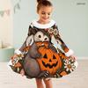Girls High Neck Long Sleeve Halloween Hedgehog Printed Fluffy Trim Tie Waist A Line Flared Dress