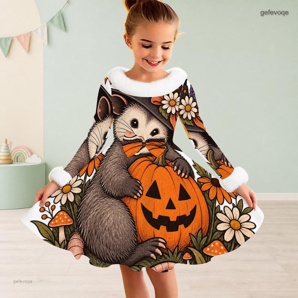 Girls High Neck Long Sleeve Halloween Hedgehog Printed Fluffy Trim Tie Waist A Line Flared Dress