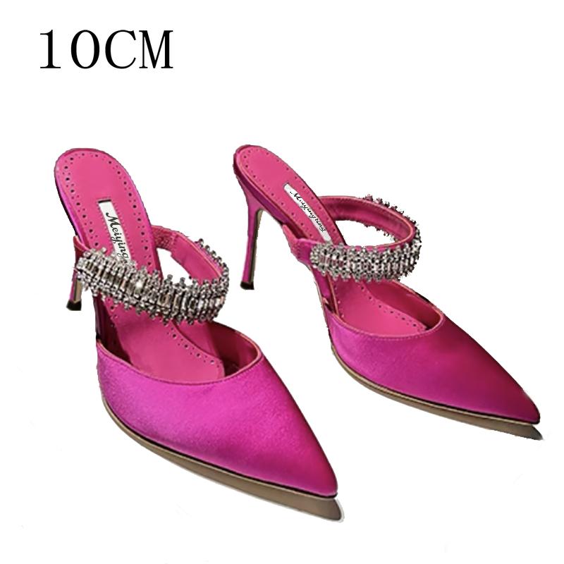 Pointy Pinheel Rhine-Diamond Chain Satin Top High Heels Mullers Pinheel Green Wedding Shoes Flat Bridesmaid Shoes