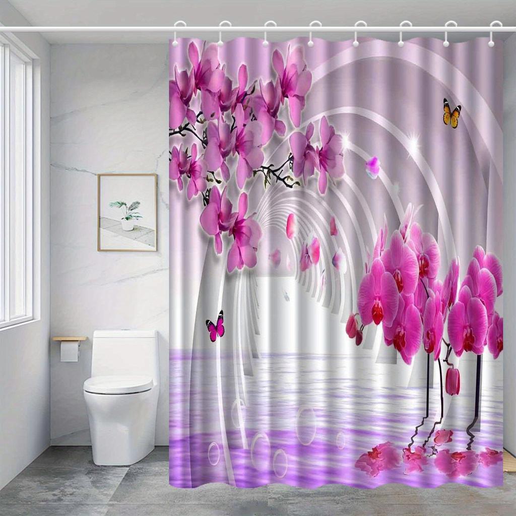 Rideau de douche Orchidée Orchidée Rose Reflet de l'eau Tunnel Art Design Fantaisie Décor Élégant Tissu Imperméable Ensemble Rideau de Bain