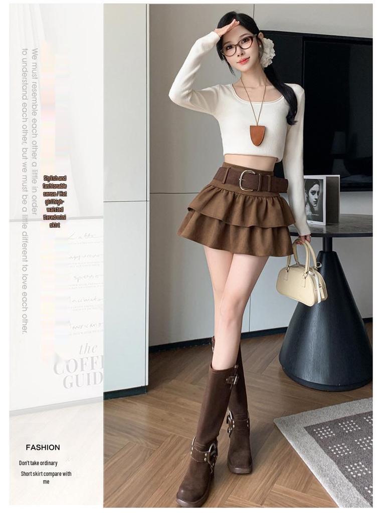 Air Layer Suede Plush High Waist Petite Slimming A-Line Skirt - 2025 Autumn/Winter Collection
