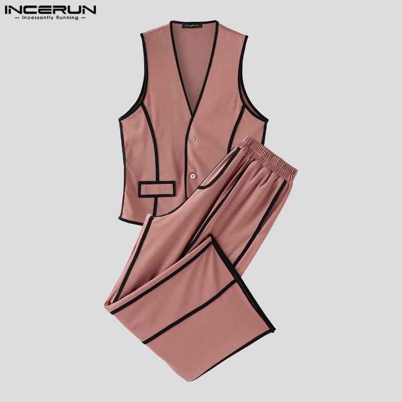 INCERUN 2PCS Men Sleeveless Stitching Waistcoat and Long Pants Outfits Sets