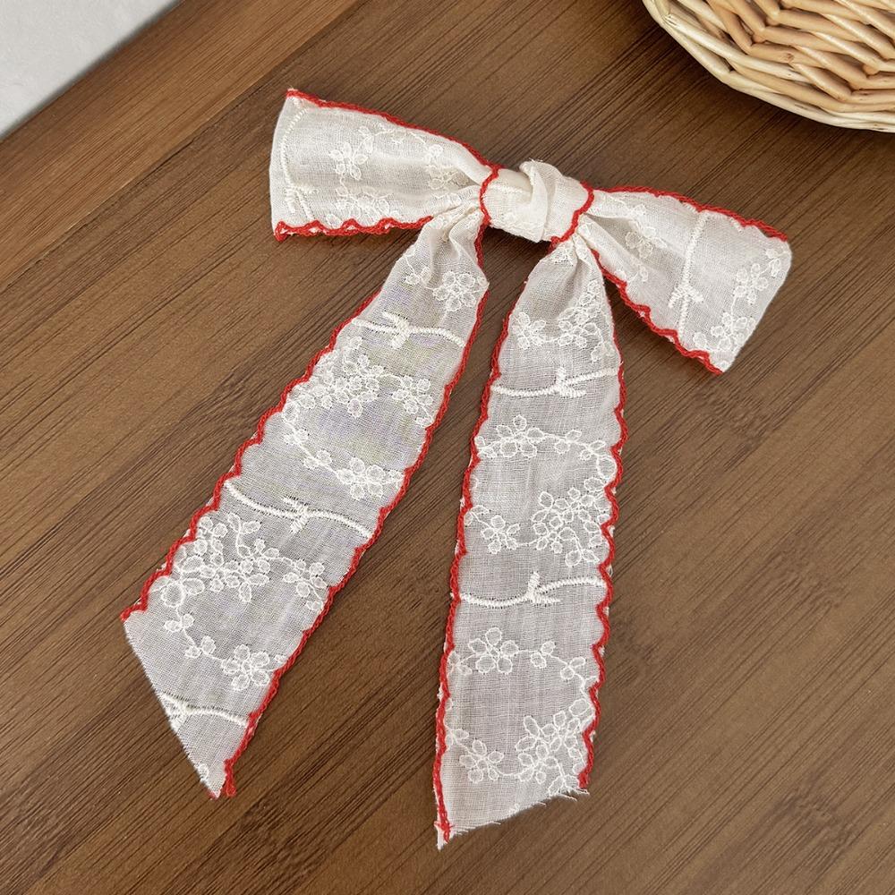 

Lace-trimmed Bow Hair Clips Long Tail Versatile Bow Ribbon Hair Clip Handmade Floral Embroidery Simple Girl s Bow Hair Accessory червоний