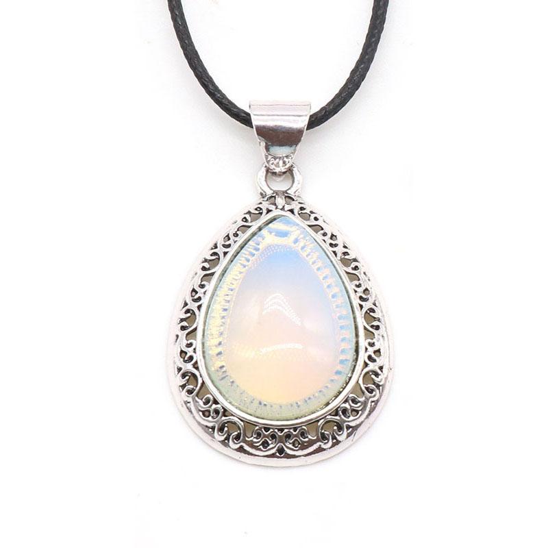 Oval Gemstone Necklace for Women Oval Pendant Semi-precious Stones Jewelry Gift for Wife Necklaces for Mom Drop Alloy Pendant