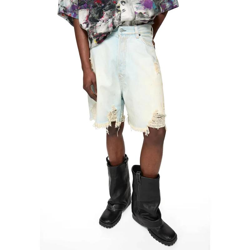 DRIPX Retro AC Style Low Waist Ripped Denim Shorts Men Summer Casual Loose Cotton Five-Quarter Length Trousers Polyester Blend M