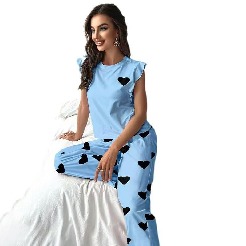 2025 European Women's Heart Print Pajama Set: T-shirt & Long Pants