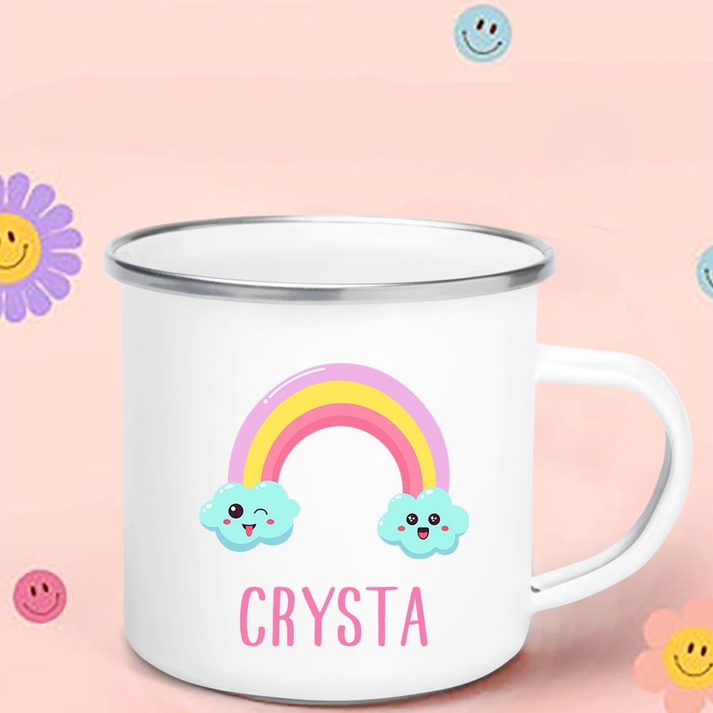 Regenbogen-Wolken-Print Emaille Kaffeetasse Wasser-Milch-Becher Personalisierter Name Kindergeburtstag Party Dekoration Weihnachten Kindertag Neujahrsgeschenk