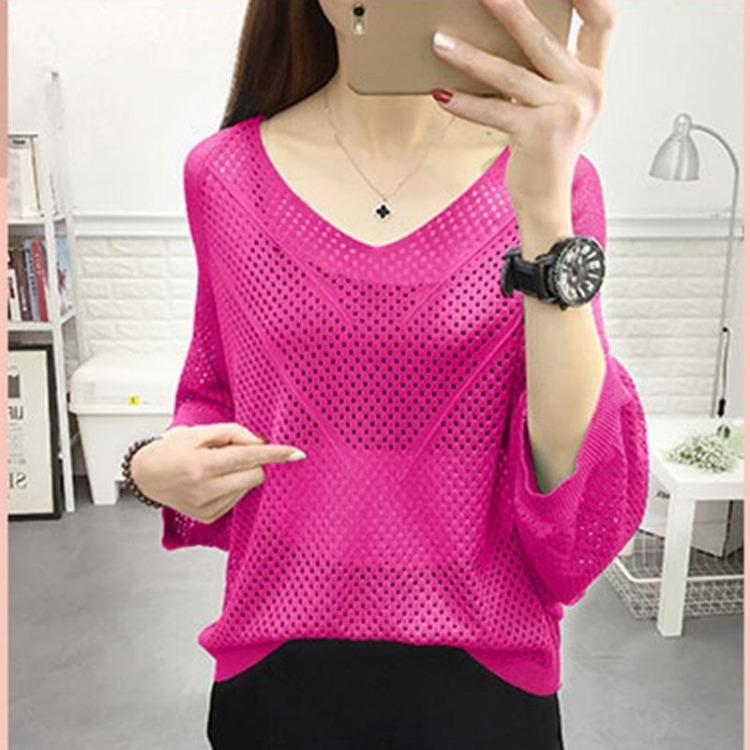 

Женский сетчатый трикотажный свитер Ice Silk с V-образным вырезом и свободным топом, стильный новый летний наряд 3XL розы красного