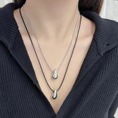 Silver Minimalist Water Drop Glossy Metal Black Leather Necklace - Girls' Fall Style Accessory