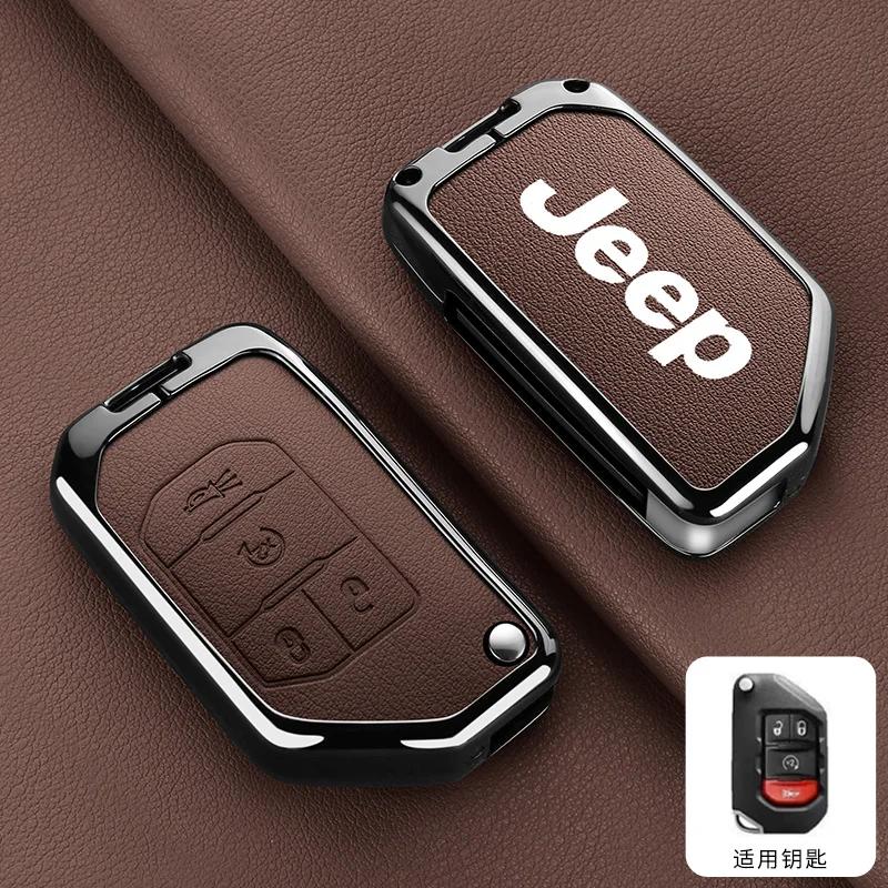 For Jeep Metal Leather Car Key Case Cover Shell Keychain for Jeep Wrangler Gladiator JL JLU Rubicon Sahara JLU JT 2018-2022 A