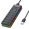 USB Hub with RGB LED Strips USB Data Transfer Individual LED Switches for USB Devices Such As Hard 7-Port 3.0 - 3.0 Ports, On/Off Laptops, PCs, Mice,
