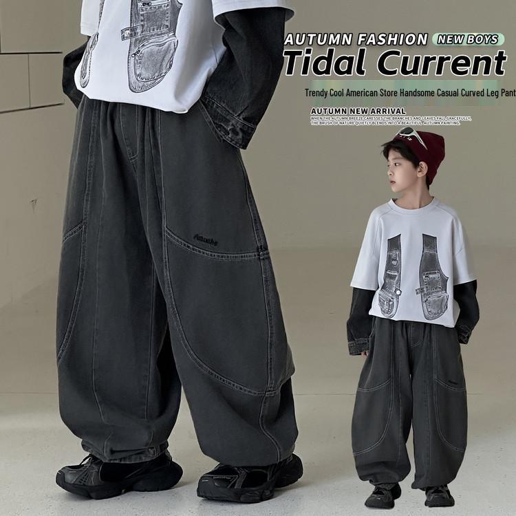 Dziecięce dżinsowe spodnie scimitar: Punkowe haftowane proste nogawki na wiosnę i jesień 2025 - Modna moda chłopięca.