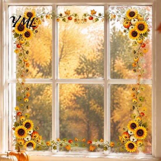 Thanksgiving Window Decals Harvest Festival Static Glass Sticker, Autumn Clings with Maple Leaves Sunflowers And Decorative Stickers Berries