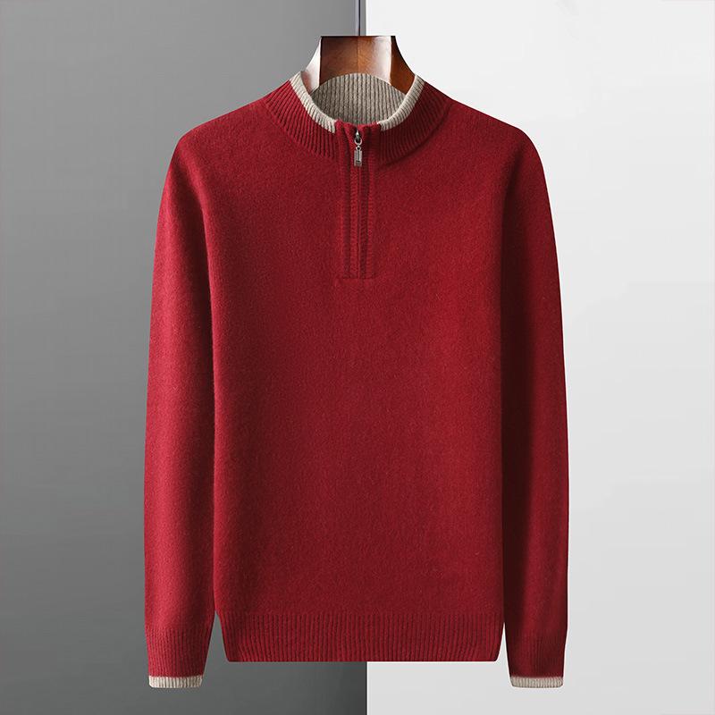 Men's Autumn/Winter Wool Knit Zipper Pullover - Seven-Needle Thickened Half-High Collar Sweater