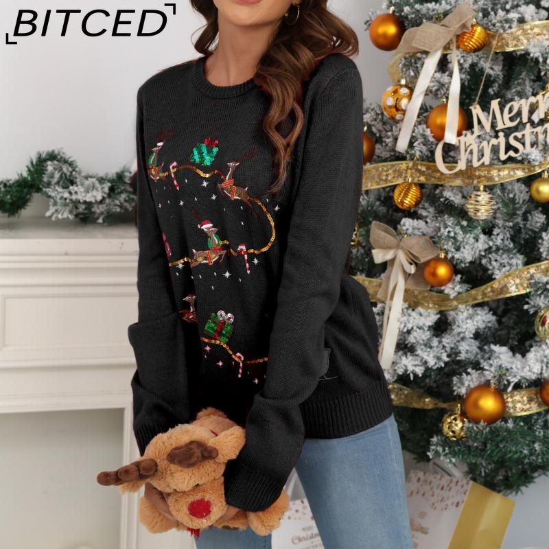 

BITCED Christmas Knitwear for Women Autumn/Winter Reindeer Embroidered Charming Christmas Knitted Sweater XXL