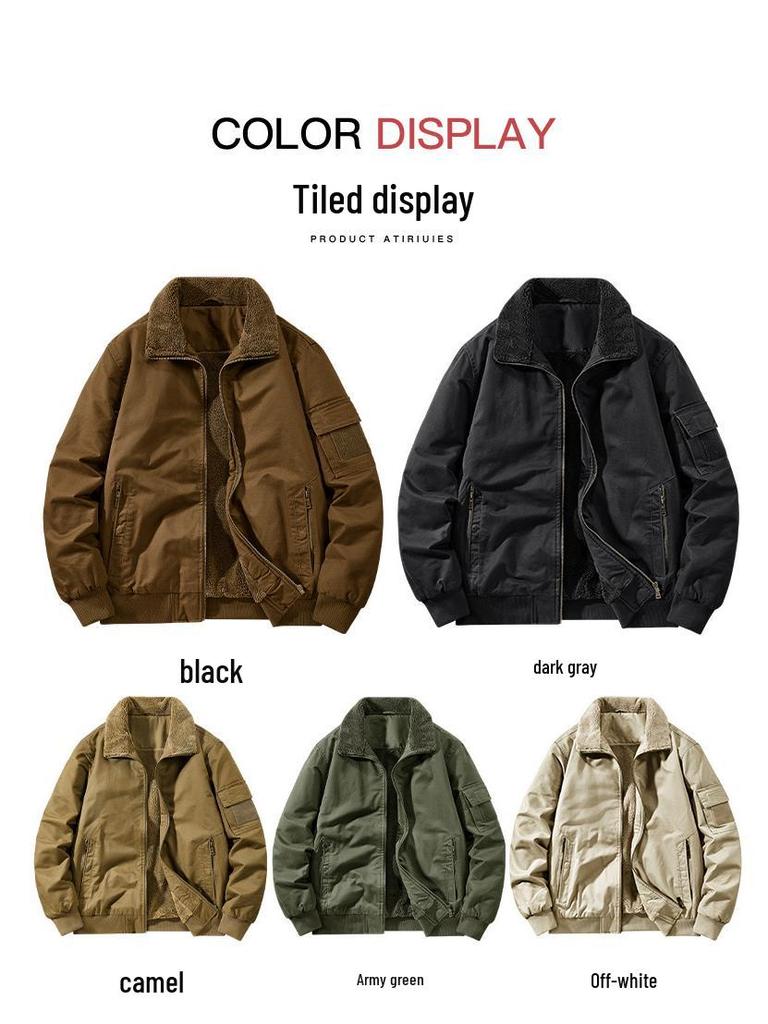 2025 Men's Double-Sided Washed Cotton Flight Jacket with Lambswool for Autumn/Winter